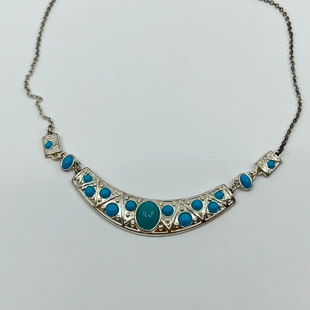 Vintage‎ Silver Tone Turquoise Color Cabochon Statement Bib Necklace Retro Boho